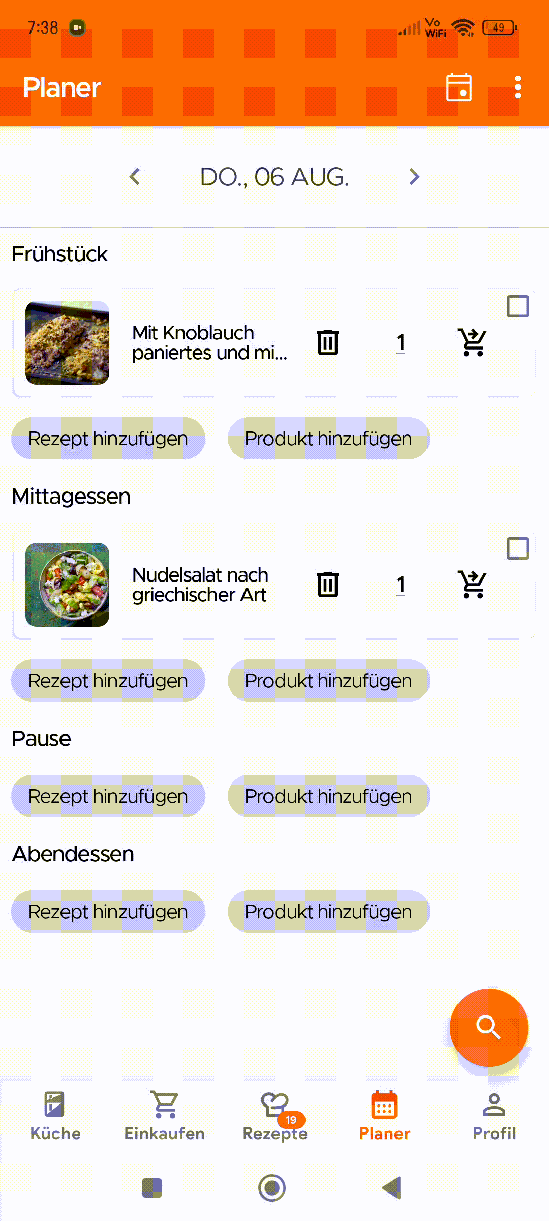 Copying planned meals to another date